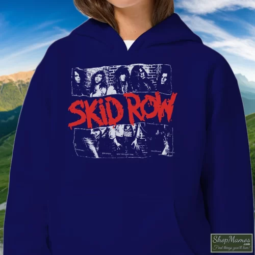 Vintage 1989 Skid Row Women’s Hoodie – Navy Front View On Light Wood Background Women's Vintage 1989 Skid Row Hoodie In Navy, Front View On Light Wood Background