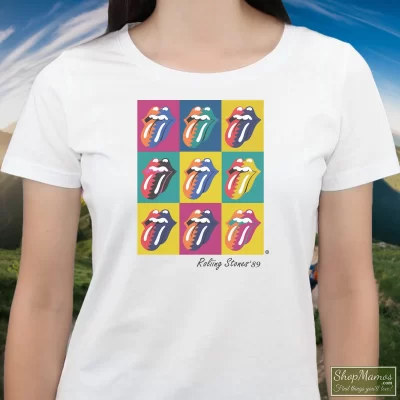 Women's Vintage 1989 The Rolling Stones North American Steel Wheels Tour Light T Shirt In White, Front View On Dark Wood Background