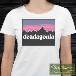 Women's Vintage 90s Grateful Dead X Patagonia T Shirt In White, Front View On Dark Wood Background