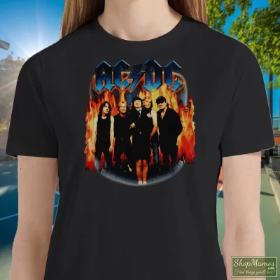 Women's Vintage Acdc Stiff Upper Lip Tour T Shirt In Black, Front View On Light Wood Background