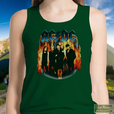 Women's Vintage Acdc Stiff Upper Lip Tour Tank Top In Forest Green, Front View On Light Wood Background