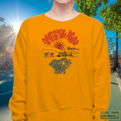 Women's Vintage Grateful Dead 1994 Highgate Vermont Rare Sweatshirt In Orange, Front View On Dark Wood Background