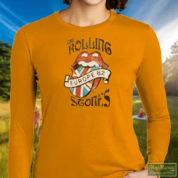 Vintage Rolling Stones Europe 82 Shirt 3 Women's Vintage Rolling Stones Europe 82 Long Sleeve In Orange, Front View On Dark Wood Background