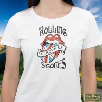 Women's Vintage Rolling Stones Europe 82 T Shirt In White, Front View On Dark Wood Background