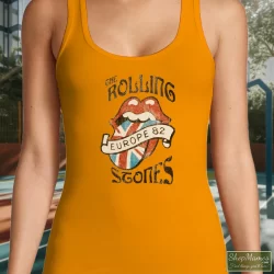 Vintage Rolling Stones Europe 82 Shirt 10 Women's Vintage Rolling Stones Europe 82 Tank Top In Orange, Front View On Dark Wood Background