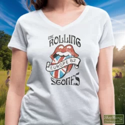 Vintage Rolling Stones Europe 82 Shirt 4 Women's Vintage Rolling Stones Europe 82 V Neck In White, Front View On Dark Wood Background