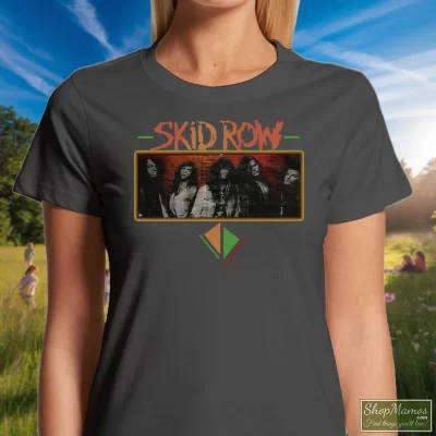 Women's Vintage Skid Row T Shirt In Charcoal, Front View On Dark Wood Background