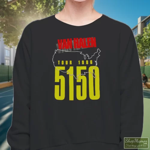 Vintage Tour 1986 Van Halen 5150 Women’s Sweatshirt – Black Front View On Light Wood Background Women's Vintage Tour 1986 Van Halen 5150 Sweatshirt In Black, Front View On Light Wood Background