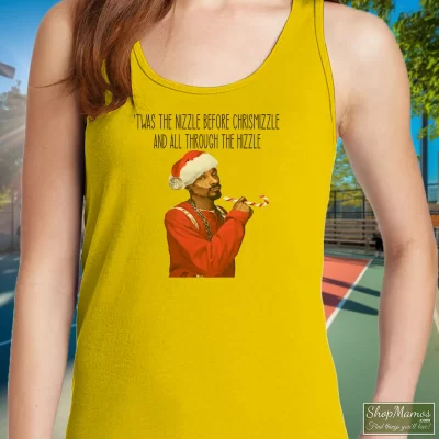 Women's Twas The Nizzle Before Chrismizzle All Through The Hizzle Snoop Dogg Christmas For Holiday Fans Tank Top In Yellow, Front View On Dark Wood Background