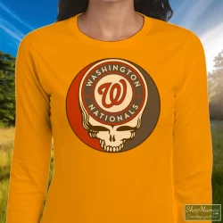 Women's Washington Nationals Baseball Grateful Dead Steal Your Face Long Sleeve In Orange, Front View On Dark Wood Background