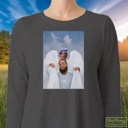 Two Angels Tupac Shakur And Nipsey Hussle Shirt 7 Women's Two Angels Tupac Shakur And Nipsey Hussle Long Sleeve In Charcoal, Front View On Dark Wood Background