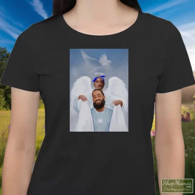 Women's Two Angels Tupac Shakur And Nipsey Hussle T Shirt In Black, Front View On Light Wood Background