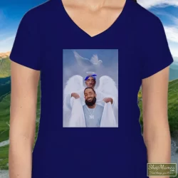 Two Angels Tupac Shakur And Nipsey Hussle Shirt 6 Women's Two Angels Tupac Shakur And Nipsey Hussle V Neck In Navy, Front View On Light Wood Background