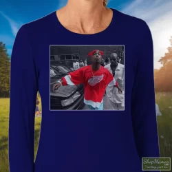 World Star Hiphop Tupac Shakur 2pac Detroit Spitting Hip Hop Rap Shirt 9 Women's World Star Hiphop Tupac Shakur 2pac Detroit Spitting Hip Hop Rap Long Sleeve In Navy, Front View On Light Wood Background