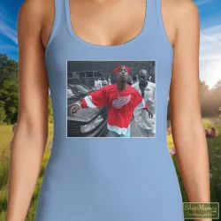 World Star Hiphop Tupac Shakur 2pac Detroit Spitting Hip Hop Rap Shirt 6 Women's World Star Hiphop Tupac Shakur 2pac Detroit Spitting Hip Hop Rap Tank Top In Light Blue, Front View On Dark Wood Background