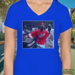 World Star Hiphop Tupac Shakur 2pac Detroit Spitting Hip Hop Rap Shirt 4 Women's World Star Hiphop Tupac Shakur 2pac Detroit Spitting Hip Hop Rap V Neck In Royal Blue, Front View On Light Wood Background