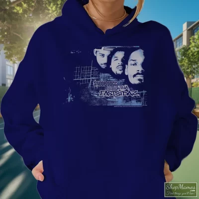 Women's Y2k Snoop Dogg The Eastsidaz Hoodie In Navy, Front View On Light Wood Background