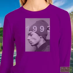 Young Snoop Dogg 1993 Shirt 8 Women's Young Snoop Dogg 1993 Sweatshirt In Purple, Front View On Light Wood Background