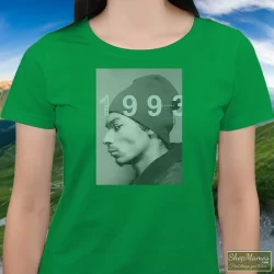 Young Snoop Dogg 1993 Shirt 7 Women's Young Snoop Dogg 1993 T Shirt In Irish Green, Front View On Light Wood Background