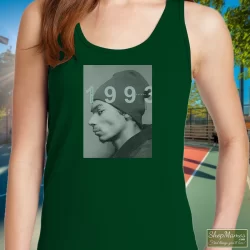 Young Snoop Dogg 1993 Shirt 2 Women's Young Snoop Dogg 1993 Tank Top In Forest Green, Front View On Light Wood Background