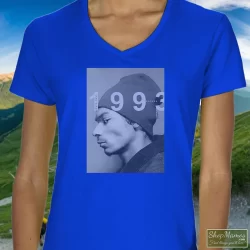 Young Snoop Dogg 1993 Shirt 9 Women's Young Snoop Dogg 1993 V Neck In Royal Blue, Front View On Light Wood Background