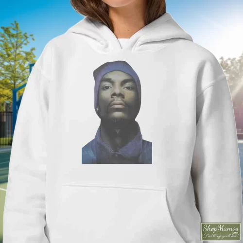 Young Snoop Dogg Vintage Hip Hop Women’s Hoodie – White Front View On Dark Wood Background Women's Young Snoop Dogg Vintage Hip Hop Hoodie In White, Front View On Dark Wood Background
