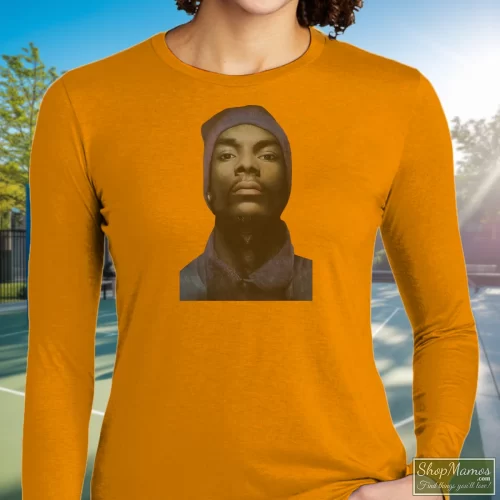 Young Snoop Dogg Vintage Hip Hop Women’s Long Sleeve – Orange Front View On Dark Wood Background Women's Young Snoop Dogg Vintage Hip Hop Long Sleeve In Orange, Front View On Dark Wood Background