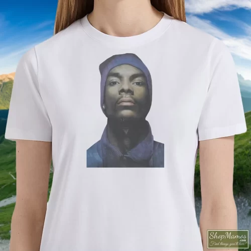 Young Snoop Dogg Vintage Hip Hop Women’s T Shirt – White Front View On Dark Wood Background Women's Young Snoop Dogg Vintage Hip Hop T Shirt In White, Front View On Dark Wood Background